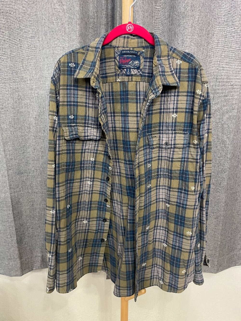 Old Navy Vintage Flannel Mens Shirt XL Regular Fit Plaid Geometric Print Olive